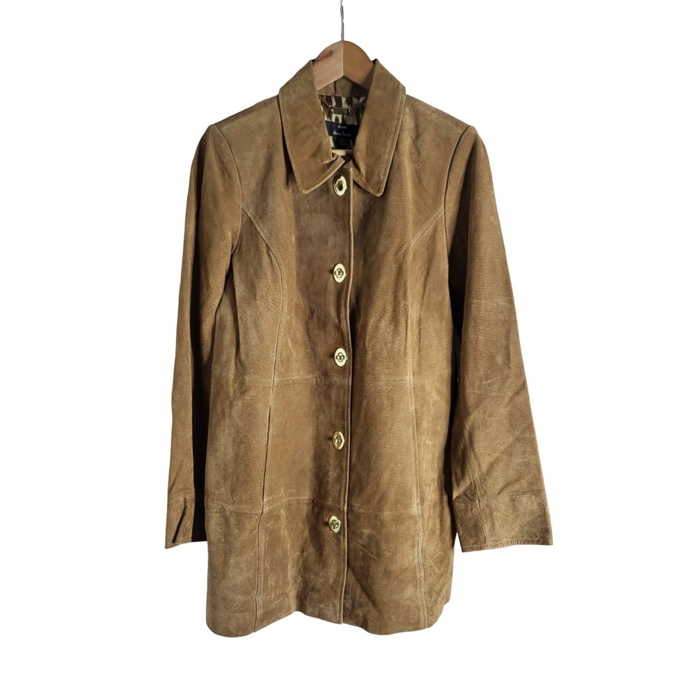 Dennis Basso Women's Leather Jacket Brown Suede Brass Gold Hardware Buttons Sz M